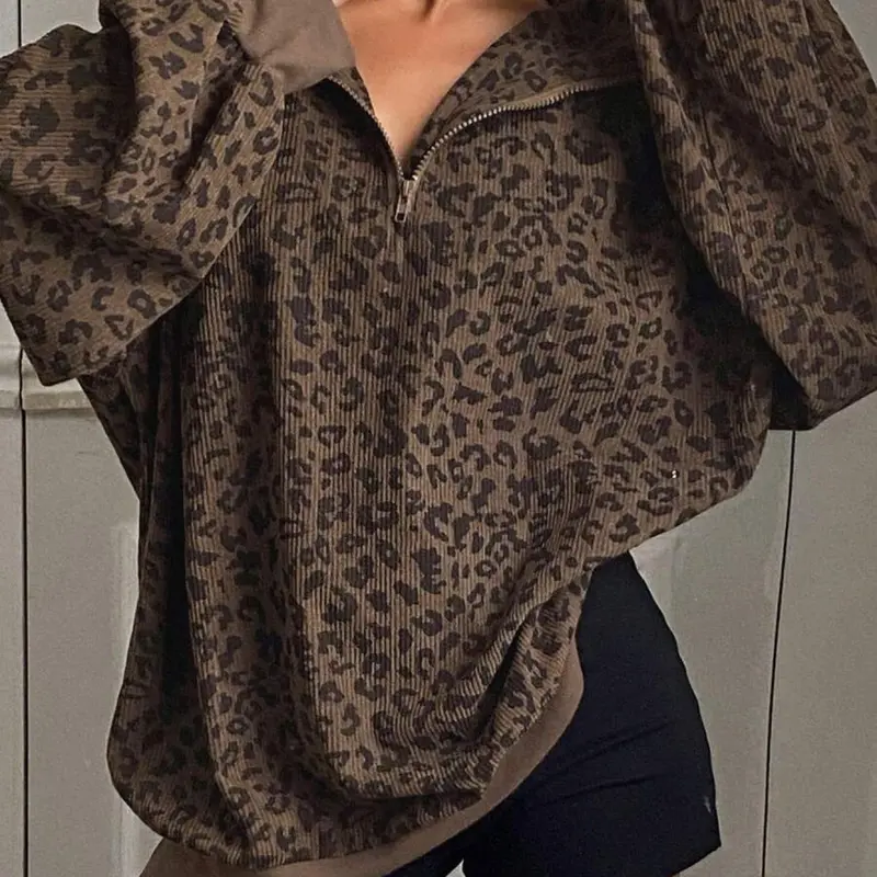 Women's Casual Leopard Print Zip-Up Hoodie - Long Sleeve, Loose Fit, Half-Zip Design, Brown & Black Retro Style For Spring/Fall