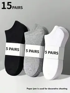 15-pair pack of unisex invisible ankle socks in classic black, gray, and white Set. Soft and comfortable, perfect for everyday casual wear, sports, and business attire.