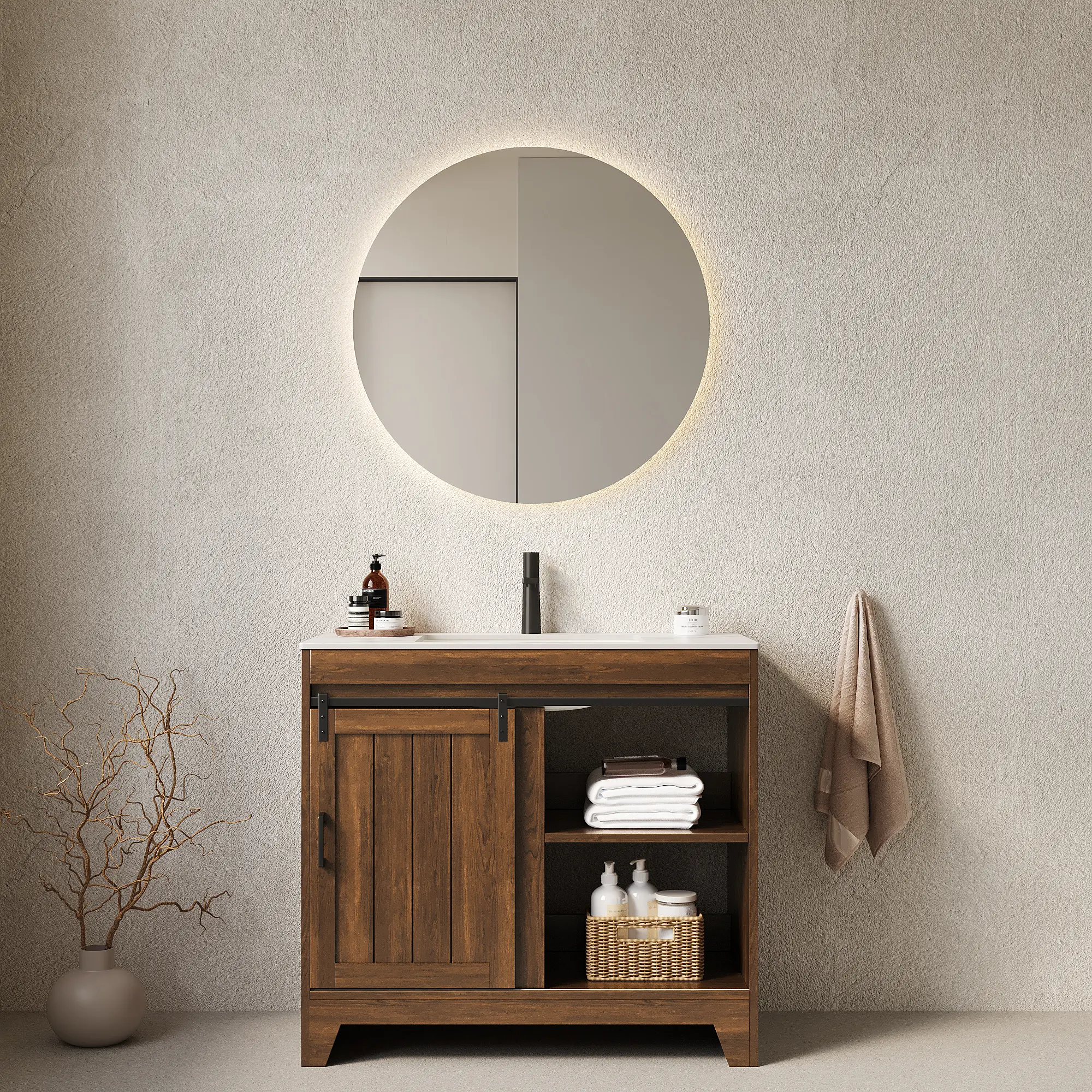 RIKA 36" Bathroom Vanity with Sink, Freestanding Country-Style Bathroom Storage Cabinet with Sliding Barn Door and Shelves, Sintered Stone Countertop and Ceramic Basin, Deep Walnut Wood Grain Vintage
