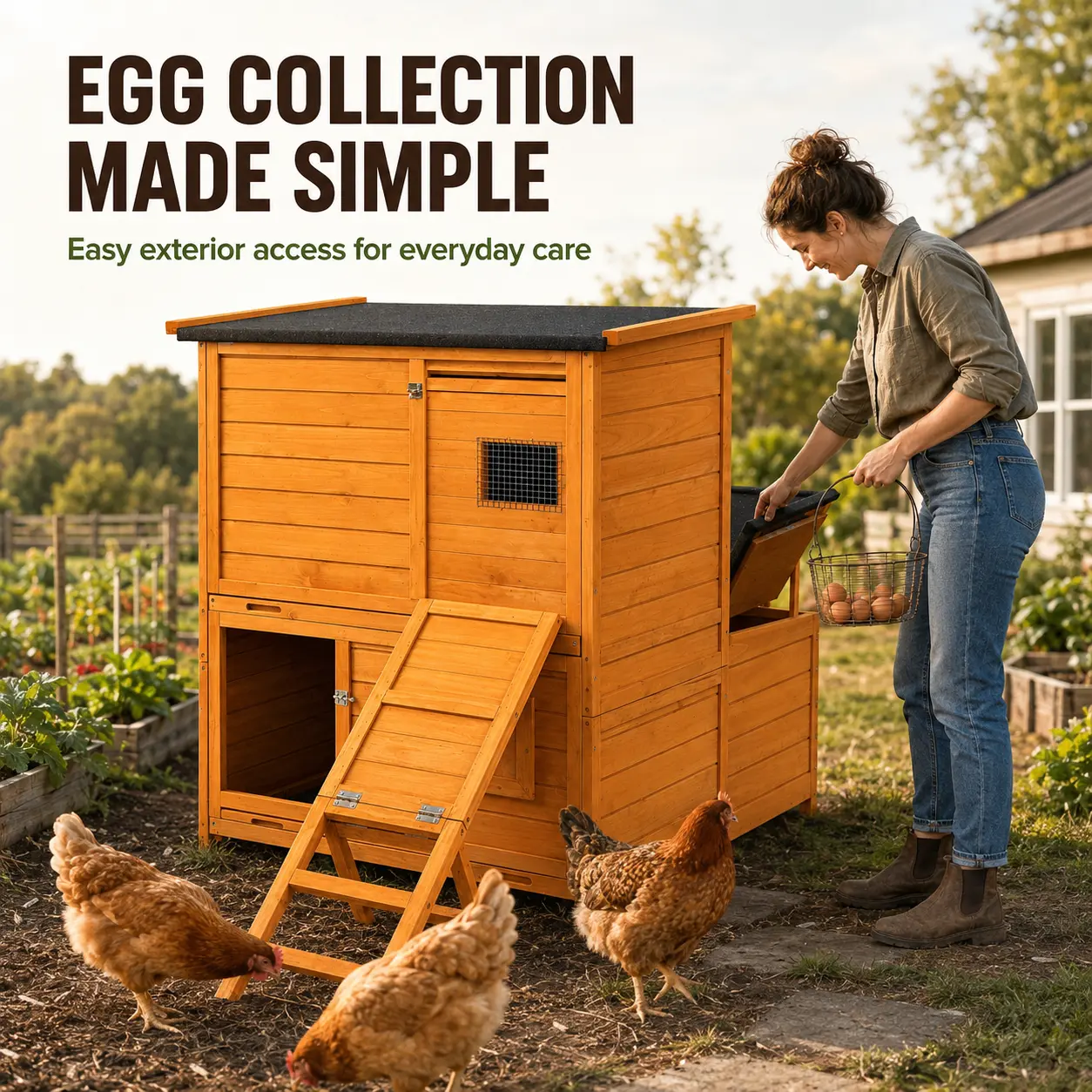 Large Wooden Chicken Coop, Outdoor Hen House with 3 Nesting Boxes, Waterproof Asphalt Roof, Quiet Design, Removable Tray for Backyard Poultry