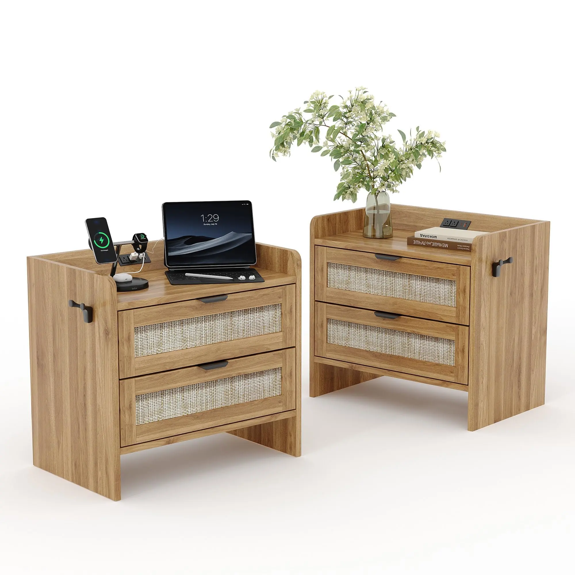Garvee Rattan Nightstand Set of 2, Boho Night Stand with Type-c Charging Station & 2 Drawers - Bedside Table with Storage for Bedroom, Office, Living Room
