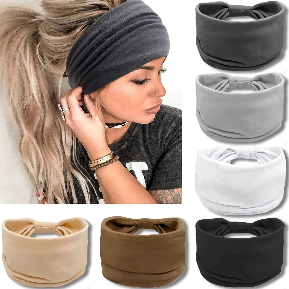 Women's 6-Pack Wide Neutral Knotted Turban Headbands - Large African Style Boho Sports Hair Accessories, Boho Headband, Elastic Fashion Headbands