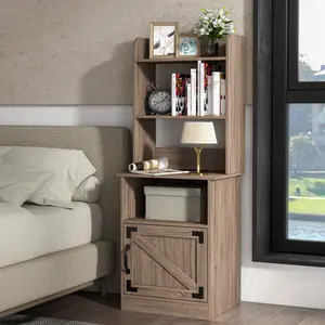 Topwin Tall Nightstand Charging Station Tall Bedside Table with Adjustable Bookshelf, Industrial End Table Side Table with Storage Cabinet for Home Office