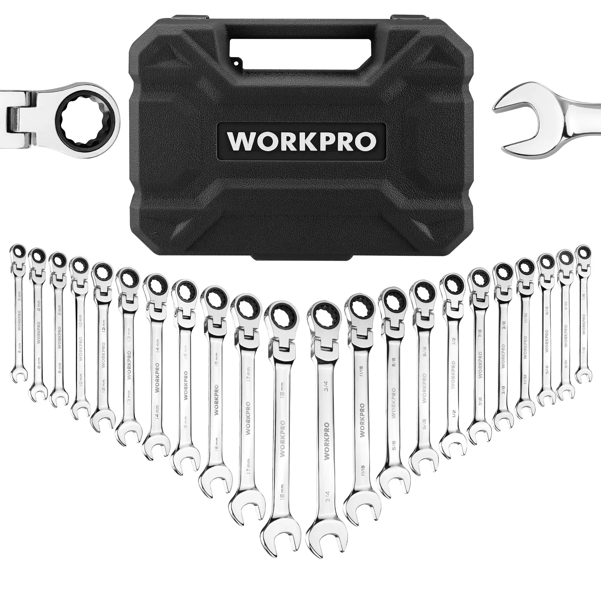 WORKPRO 22-Piece Swivel-Head Ratchet Wrench Set, 180° Swivel Head, Imperial 1/4“-3/4” and Metric 6-18mm, 72-Tooth Dual-Purpose Ratchet Wrench Tool Set with Portable Storage Case, Suitable for Auto Repair and DIY Projects