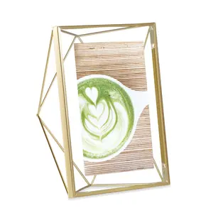 Umbra 5x7 in. Metallic Prisma Photo Frame - Modern Frames, Matte Brass, Floating Clip Peel-and-Stick Wall Display for Baby Room Decor (1-Pack Set)