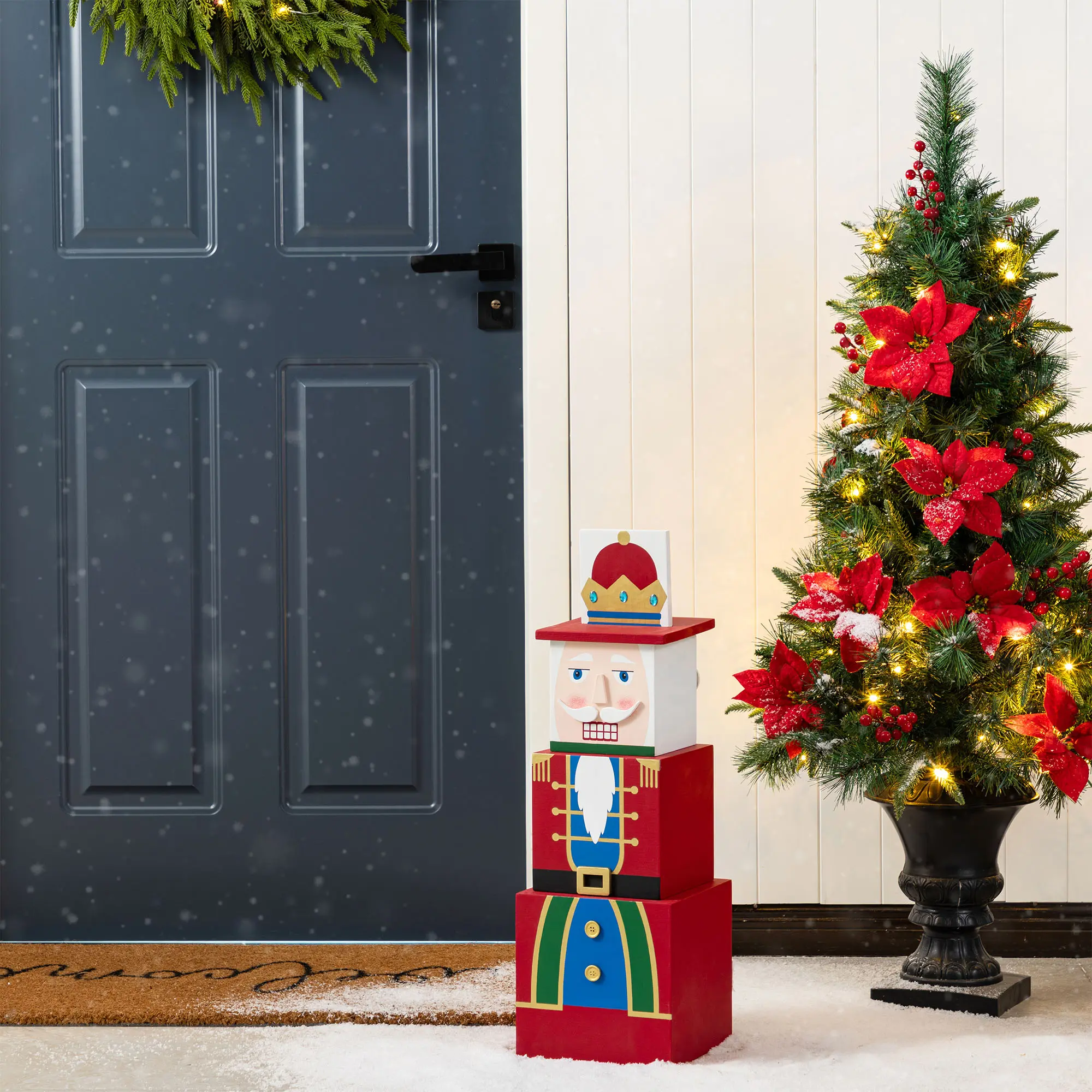 【Christmas in July】 Glitzhome 24.5"H Christmas Wood Santa and Nutcracker Reversible Boxed Porch Decor