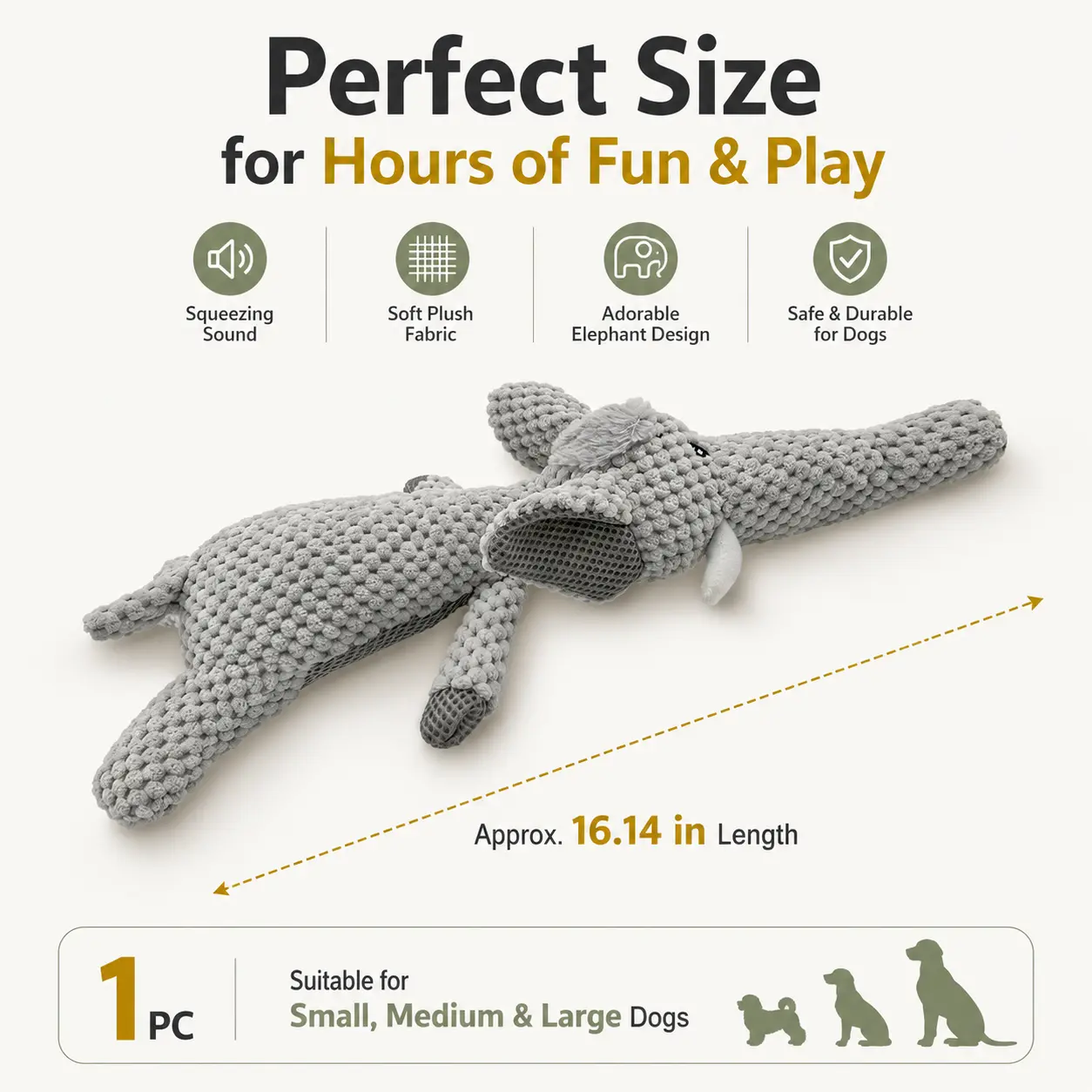 Squeaky Grey Elephant Plush Dog Toy, Lying Soft Fabric Pet Toy with Built-In Squeaker, Interactive Puppy Chew Toy for Small Medium Large Dogs, Fetch Tug Training Reward and Daily Play Companion
