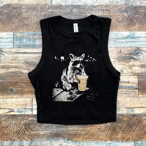 Raccoon Drinking Iced Coffee Micro Ribbed Tank | Funny Animal Meme Crop Tank | Coffee Lover Raccoon Tank Top | Y2k Crop Tank Top
