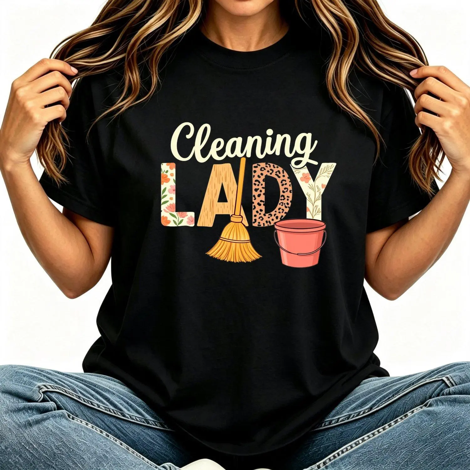Black Printed Women's T-shirts for Plus Size Sizes 0XL Ideal for Cleaning Enthusiasts and Housekeeping Services Loose Fit Short Sleeve Crew Neck Casual Tops Perfect for Daily Use and Out2Retro Casual Short-Sleeved with a Round Neck and Printed Pattern
