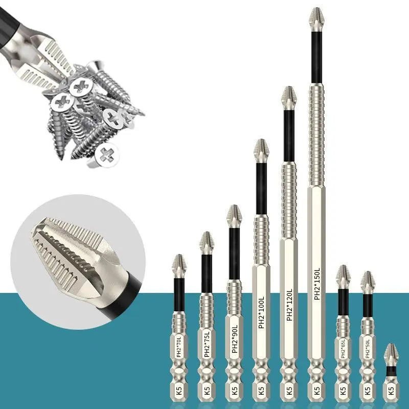 ADESKE（T） High Magnetic Screwdriver Bit Set - 9 Piece K5 Impact-Resistant Non-Slip Drill Bits - Non-Slip Electric Screwdriver Bit Set - 25 50 65 70 75 90 100 120 150 (9 Pieces)