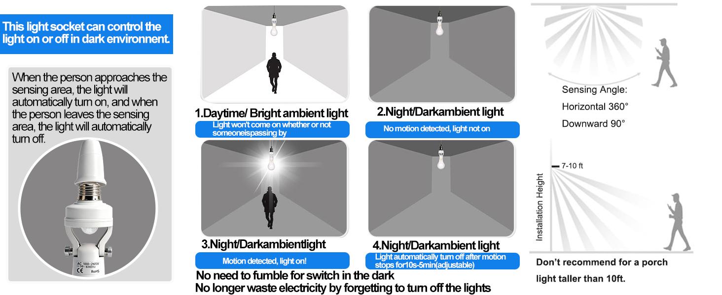 NUNET 2pcs PIR Sensor Light Socket - Angled Screw-in Adapter with Auto On/Off for E26/E27, Add Motion Sensor to existing Light, Suitable for Porch Garage Basement