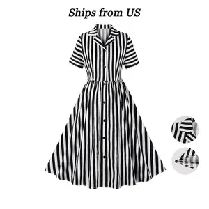 Vintage - Inspired Black and White Striped Shirt Collar Dress with Button - Front Design and Flowy A - Line Midi Silhouette turkey trot tutu dress original naked wardrobe