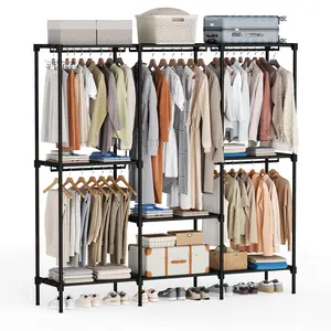 Open Wardrobe Closet Organizer with Hanging Rod and Shelves, Freestanding Clothes Rack with Shoe Storage for Bedroom