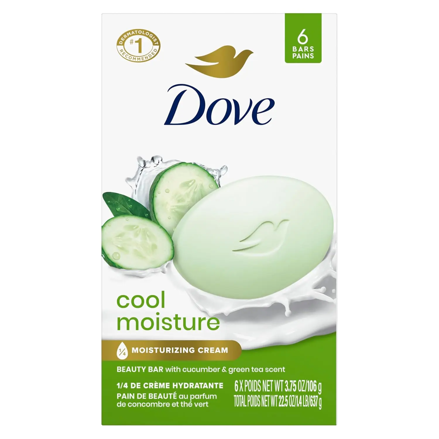 Dove Beauty Bar Soap, Cool Moisture Cucumber & Green Tea Scent, 12 x 3.75 oz Hydrating Body Care Cleanser for Refreshed Skin
