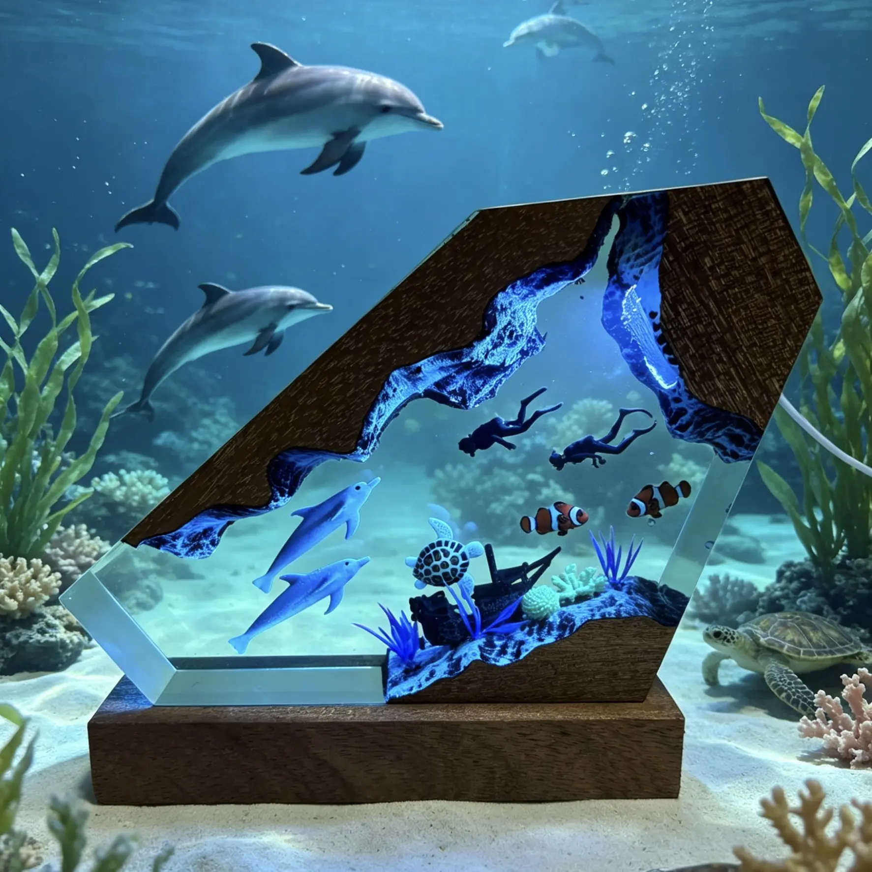 Handmade Ocean Dolphin & Diver Resin Mood Lamp - Multi-Color LED Lights, Remote Control, USB Port, Underwater Art Ornament, Back-to-School/Birthday Gifts for Friends, Bedroom/Office Decor