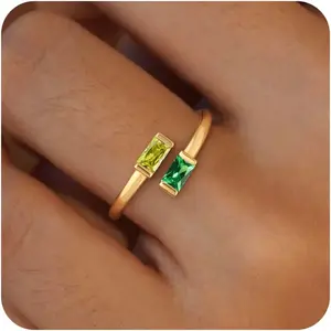 Honsny Gold Birthstone Rings for Women Non Tarnish 14K Gold Plated Adjustable Emerald Ring Cubic Zirconia Gemstone Promise Ring for Her Engagement Personalized Waterproof Jewelry Gifts for Birthday
