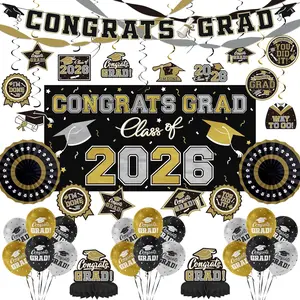 Black and  Themed 2026 Graduation Decorations Set - Congrats Grad Banner, Class of 2026 Backdrop, Balloons & Streamers Kit - Graduation Party Supplies for High School & College Celebrations