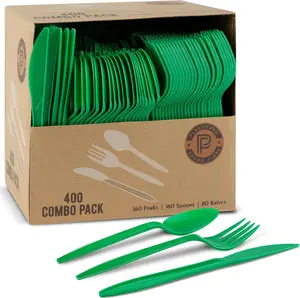 PLASTICPRO 400 Pack Disposable Christmass Green Cutlerys Plastic Utensils Assorted Colored Cutlery Combo Set Forks Spoons Knives Silverware, Green Plastic Cutlery for Parties