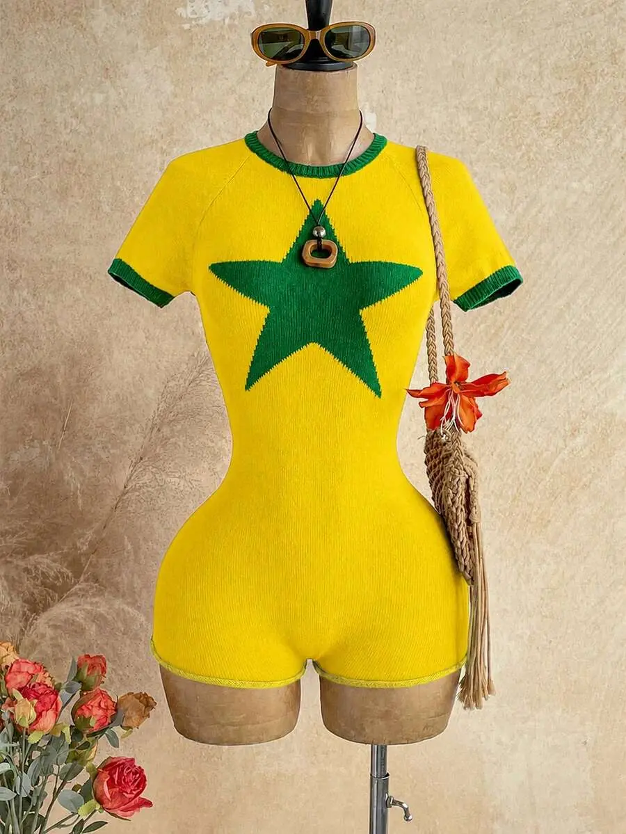IYUNA Women's Sexy Casual Vacation Olive Green Star Pattern Back Tie Open Back Crochet Jumpsuit