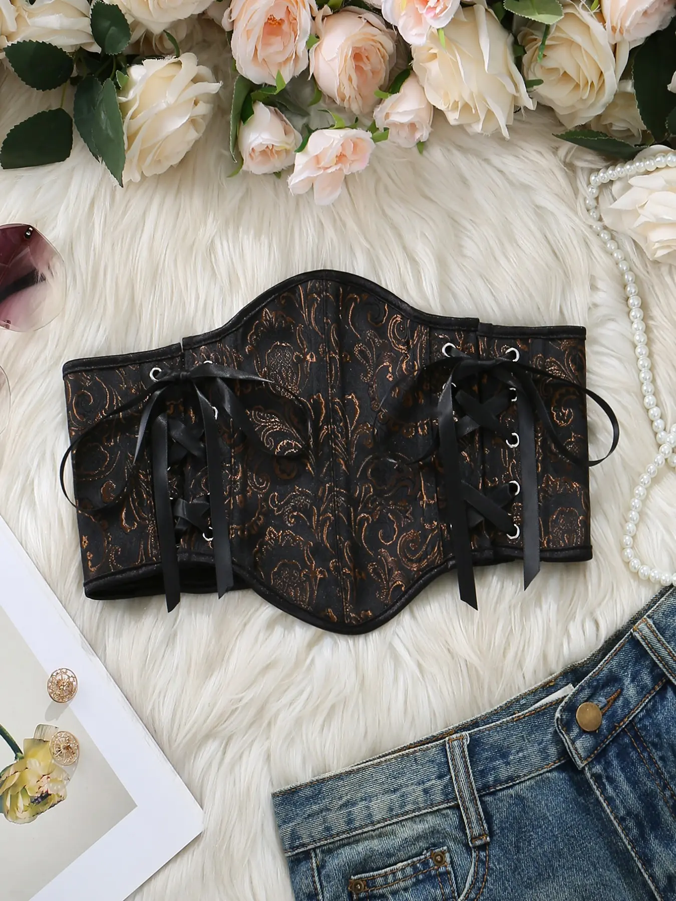 Vintage Palace Jacquard Side Zip Shapewear Waist Belt, Waist Cinch, waist cinching belt, Shaping Belt, Fishbone Lace Trim, Outer Wear Women's Corset Bra, Fashionable Bodycon Top