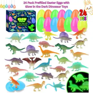 24 Pack Prefilled Easter Eggs with Glow in the Dark Dinosaur Toys, Easter Basket Stuffers for Kids, Egg Hunt Fillers, Party Favors, Classroom Prizes