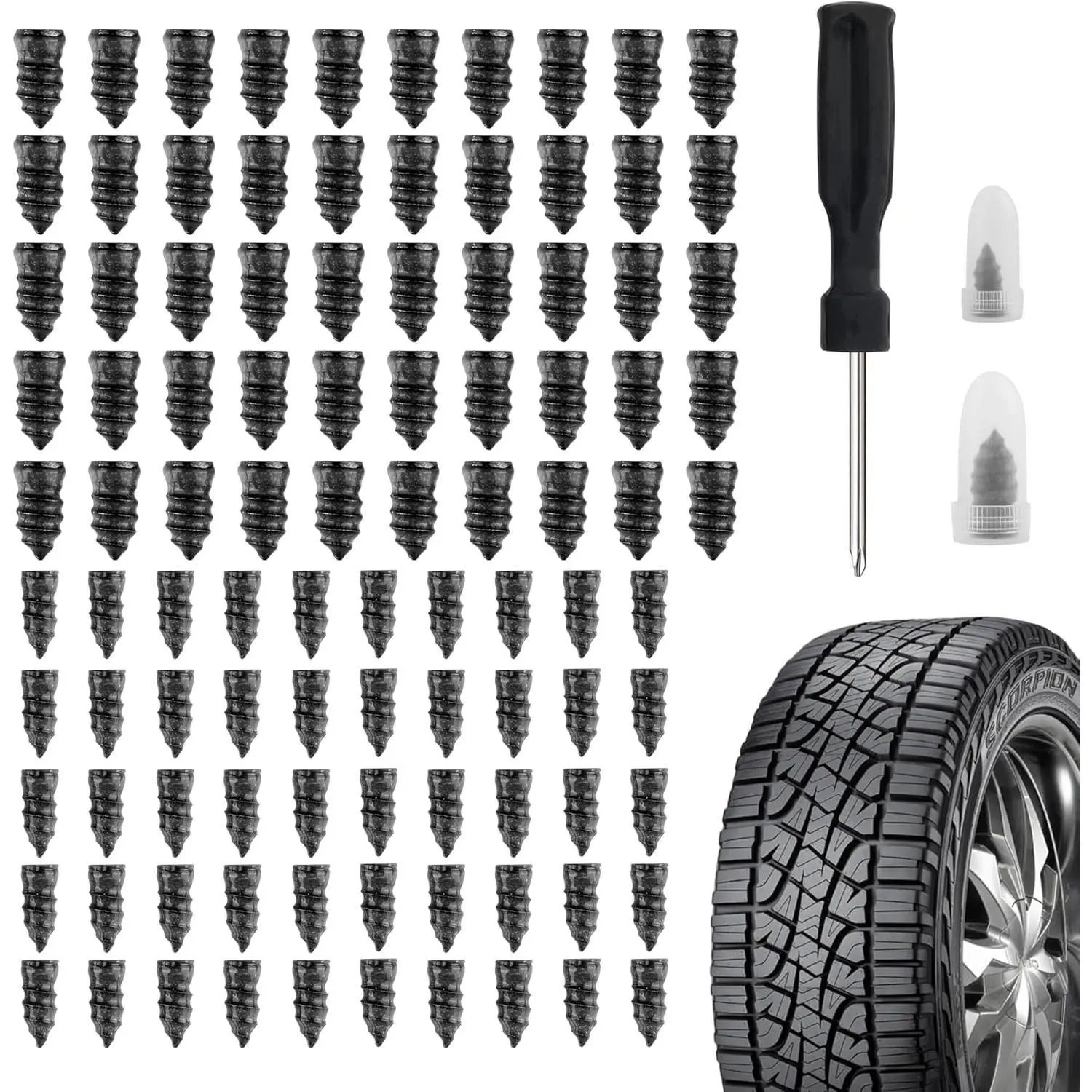 100PCS Tire Plug Kit with Screwdriver,Rubber Flat Tire Repair Kit for Fast Repair of Tire Punctures,Durable Car Tire Repair Kit Self-Service Repair Nails for Car Motorcycle Truck Vehicle Tire Patch Tire Inflator