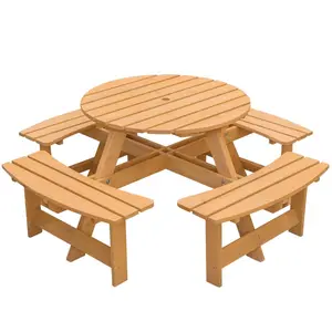 Gardenised QI003903.ST Wooden Outdoor Patio Garden Round Picnic Table with Bench, 8 Person, Stained