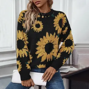 Sunflower 3D Jacquard Weave Women's Sweaters Long Sleeve Ladies Pullovers Knitted Tops High Quality Christmas Sweater