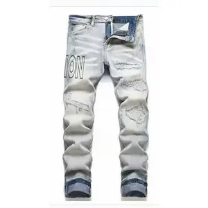 Spring and summer fashion printed designer's distressed fabric, heavy embroidery, slim fit, elastic men's denim small straight leg pants, outdoor casual men's denim pants
