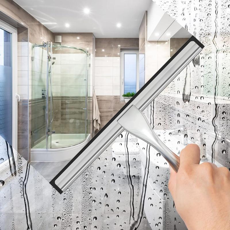 【NewYear2026】All-Purpose Stainless Steel Shower Squeegee for Shower Glass Door with 2 Adhesive Hooks, Bathroom Cleaner Tool Household Window Mirror Squeegee , Cleaning Tile Wall, Car, 10 Inch Silver