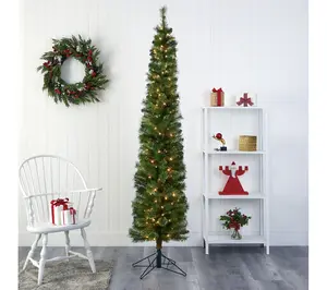 Nearly Natural 7' Pencil Faux Christmas Tree w/  LED Lights