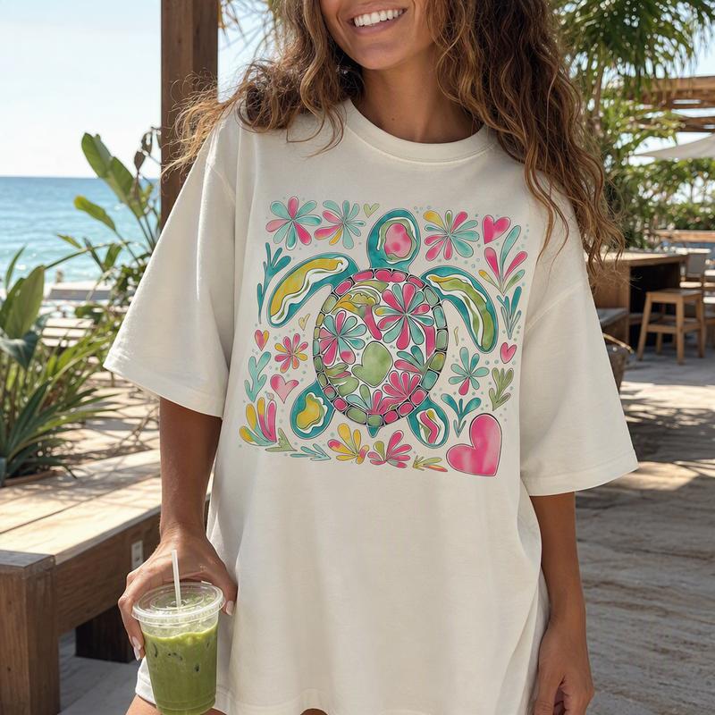 Women's 100% Cotton Crew Neck Drop Shoulder Boho Floral Sea Turtle Graphic Print Casual Wear Tropical Beach Summer Tee, Plus Sizes