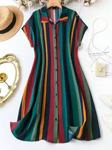 Plus Size Striped Button-Down Shirt Dress - Tailored Design for Comfort, Versatile Style, and Easy Dressing for Various Occasions - Casual