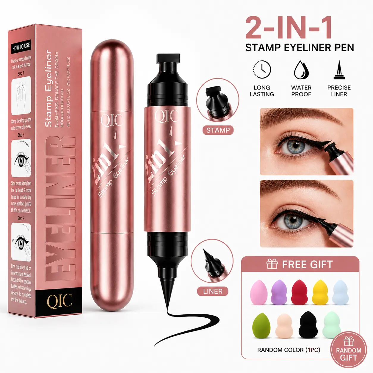 QIC 2-in-1 Stamp Eyeliner Pen Long Lasting Water Proof Precise High Pigment Liquid Eyeliner Pen, Dual Tip Precision Eyeliner Marker, Waterproof Sweat Proof Quick Dry Formula, Long Wear Eye Makeup for Women & Beginners