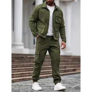 Men’s solid-color pocket button-front shirt and pants two-piece set; casual lounge set; casual long-sleeve collared top and trousers set; men’s spring and fall clothing