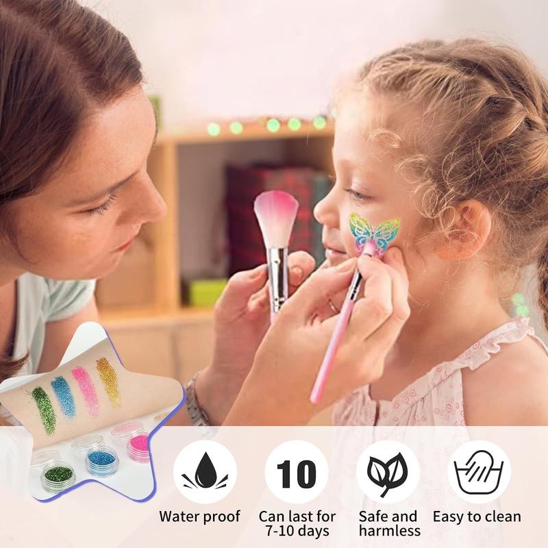 Temporary Glitter Tattoo Kit for Kids & Adults, 42 Glitter & 6 Fluorescent Color, 209 Stencils, 4 Glue, 5 Brushes, 1 Diamond Sticker, Safe & Easy Removal Face Body Art Birthday Party Supplies