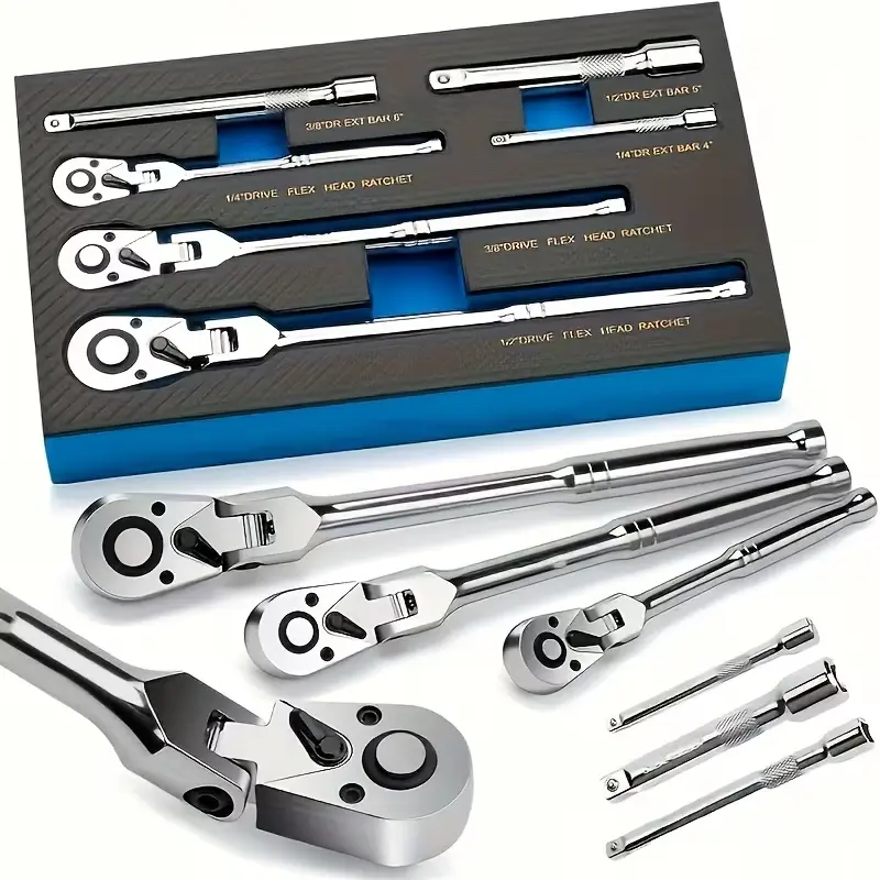 6PCS Ratchet Wrench Set for Home DIY Projects, Automotive & Bicycle Servicing, 1/4"-3/8"-1/2" Drive Swivel Head Wrenches with 72-Tooth Fine Ratcheting 180° Adjustable Quick Release Handle, Extension Bar, EVA Foam Storage Case for DIY Users, Auto Repair To
