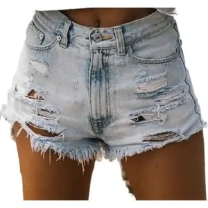 2024 Cross-Border Hot European and American Foreign Trade High Waist Ripped Tassel Denim Shorts Women's Hot Pants Jean Womenswear Bottom Underwear Trouser Comfort Trouser Comfort Summer Casual Fashionable Trendy Pocket Fitted Blue Basic
