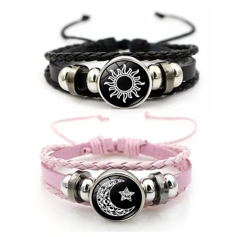Vintage Punk Sun & Moon Lovers Stackable Bracelet - Multi-Layer Beaded Woven Band with Glass Accents, PU Leather, Funky Unique BF & GF Couple Accessory, Anniversary Jewelry for Women, Accessories for Women, Gifts for Him, GF Gift