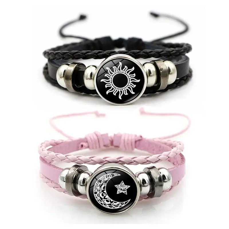 Vintage Punk Sun & Moon Lovers Stackable Bracelet - Multi-Layer Beaded Woven Band with Glass Accents, PU Leather, Funky Unique BF & GF Couple Accessory, Anniversary Jewelry for Women, Accessories for Women, Gifts for Him, GF Gift