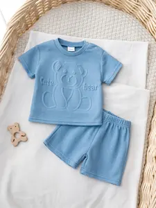 Baby Boy Blue Waffle Two-Piece Set, Casual Short Sleeve T-Shirt & Shorts, Cute Bear Embossed, Zipper Design, Elastic Waist, Comfortable Fabric, Outfits