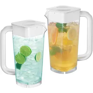 2 Pack Plastic Pitcher with Lid, 2L Heavy-Duty Shatterproof Pitchers Clear Water Pitcher with Handle for Lemonade, Coffee,Iced , Milk, Juice, Beverages