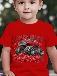 Valentine's Day" Summer Boys' Fashion Short Sleeve T-Shirt Excavator Holding Heart Cartoon Print, Casual Outdoor