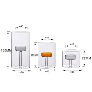 Modern Glass Candle Holder with Wood Base, Double Layer Clear Tealight Stand for Wedding & Dinner