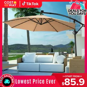 COSTWAY 10 FT 360° Rotating Solar Powered Patio Umbrella, Offset Cantilever Outdoor Umbrella with 360 Degree Rotation, Easy Tilt Adjustment, Crank Handle & Cross Base for Pool Deck Garden Backyard,4th of july decor, dad gift