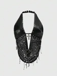 Zesty ZESTY NOX Gothic Style Spring/Summer Carnival Party Vacation  Women's Y2K Sexy Metal Cross Pendant Mesh Sequins Splice Scoop Neck Backless Black Tank Top