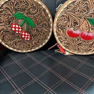 Cherry Canteen Tooled Leather Handbag with Embroidered Cherries and Floral Design