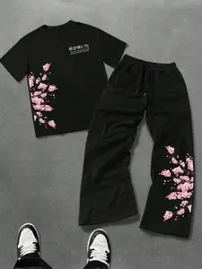 Japanese Cherry Blossom & Kanji Print 2-Piece Outfit, Short Sleeve Tee & Baggy Sweatpants Set, Sakura Floral Graphic Streetwear Tracksuit.