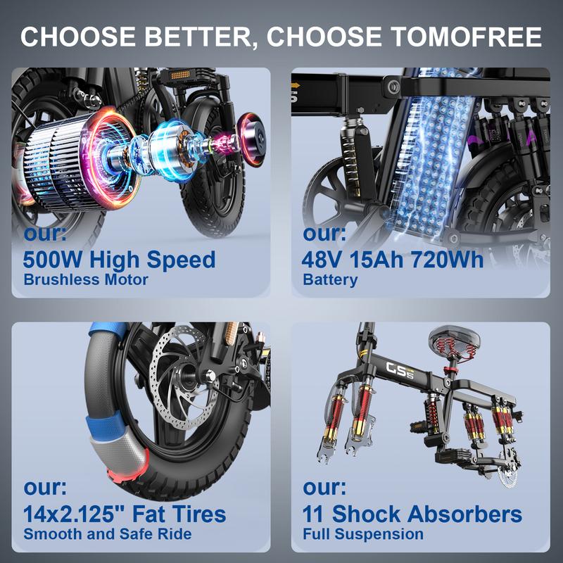 【VoltX】740W Lightweight Double Motor Electric Bike for Adults,20MPH,48V15A Removable Battery,40-45Miles Range,11 shock absorption,Dual-seat design Foldable Double-Suspension  14" Fat Tires 300 Lbs Load for Commuting & All-Terrain Riding，Free accessories