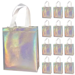 12 Pack Holographic Silver Reusable Gift Bags With Handles - Ideal Goodie Bag with Handles for Birthday, Christmas, Gift-giving, Bachelorette Party Favors – 8" X 4" X 10"
